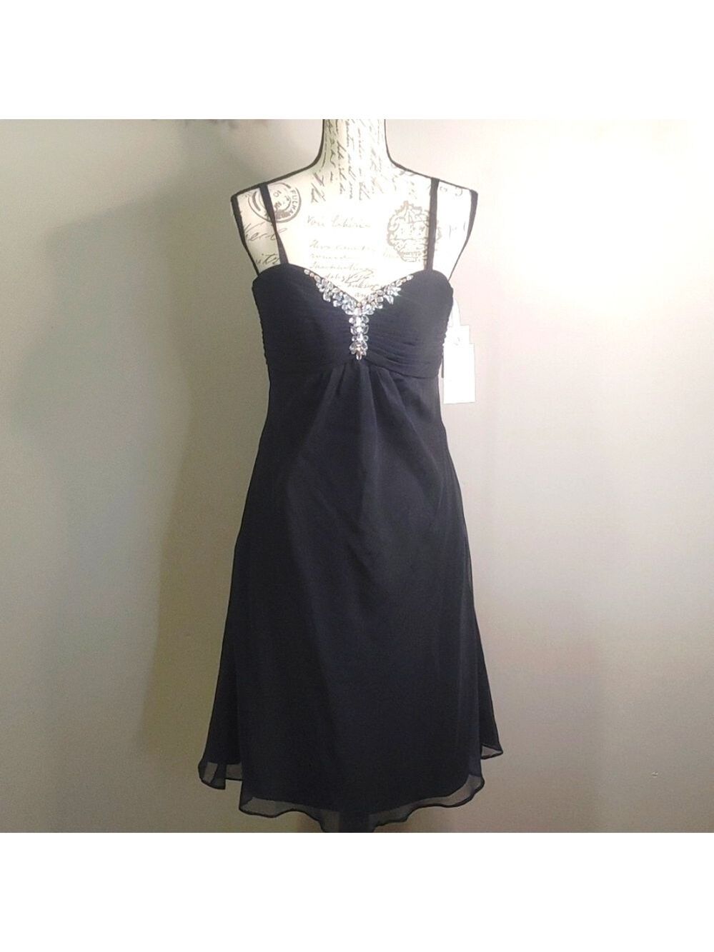 NWT Vintage Da Vinci Little Black Dress With Jeweled Bust Rouching Sz 10